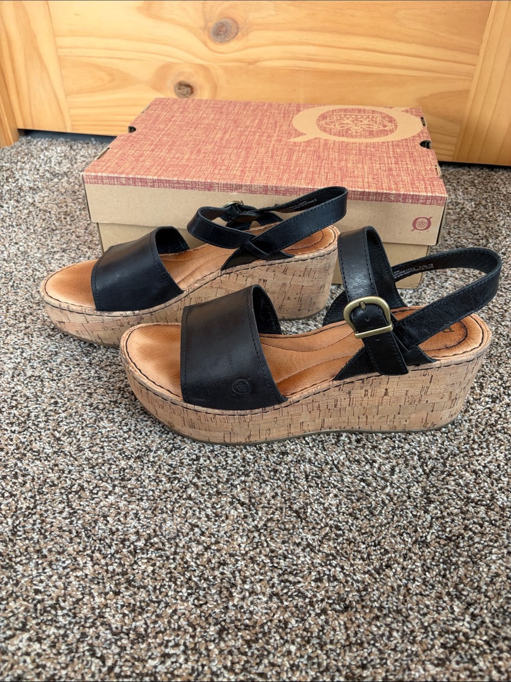 Born Black Cork Wedge Sandals with Ankle Strap